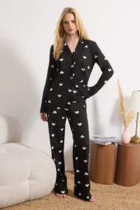 TRENDYOLMiLLA Black 100% Cotton Heart Knitted Pajama Set - Image 2
