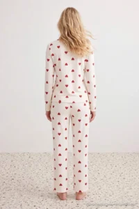 TRENDYOLMiLLA Ecru-Claret Red 100% Cotton Heart Patterned Knitted Pajama Set - Image 4