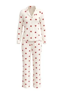 TRENDYOLMiLLA Ecru-Claret Red 100% Cotton Heart Patterned Knitted Pajama Set - Image 5