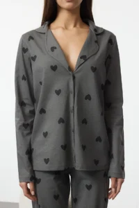 TRENDYOLMiLLA Gray 100% Cotton Heart Patterned Knitted Pajama Set - Image 3