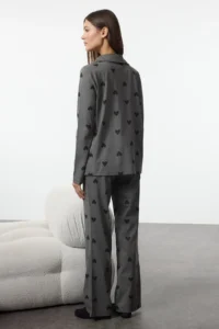 TRENDYOLMiLLA Gray 100% Cotton Heart Patterned Knitted Pajama Set - Image 5