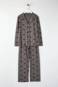 TRENDYOLMiLLA Gray 100% Cotton Heart Patterned Knitted Pajama Set - Image 6