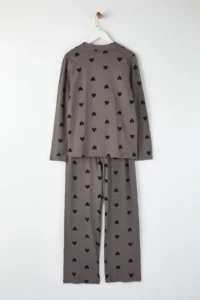 TRENDYOLMiLLA Gray 100% Cotton Heart Patterned Knitted Pajama Set - Image 7