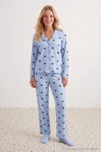 TRENDYOLMiLLA Light Blue 100% Cotton Heart Patterned Knitted Pajama Set
