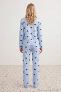 TRENDYOLMiLLA Light Blue 100% Cotton Heart Patterned Knitted Pajama Set - Image 4