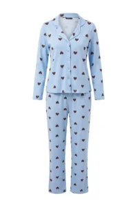 TRENDYOLMiLLA Light Blue 100% Cotton Heart Patterned Knitted Pajama Set - Image 5