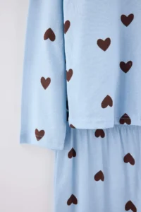TRENDYOLMiLLA Light Blue 100% Cotton Heart Patterned Knitted Pajama Set - Image 7