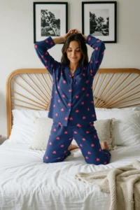TRENDYOLMiLLA Navy Blue 100% Cotton Heart Knitted Pajama Set