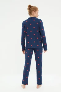TRENDYOLMiLLA Navy Blue 100% Cotton Heart Knitted Pajama Set - Image 7