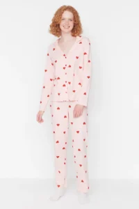 TRENDYOLMiLLA Pink 100% Cotton Heart Knitted Pajama Set - Image 3