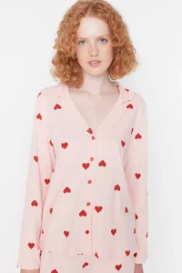 TRENDYOLMiLLA Pink 100% Cotton Heart Knitted Pajama Set - Image 4