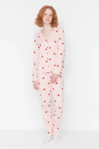 TRENDYOLMiLLA Pink 100% Cotton Heart Knitted Pajama Set - Image 6