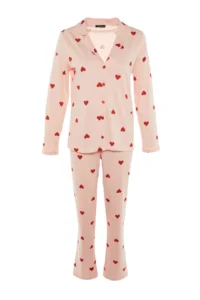TRENDYOLMiLLA Pink 100% Cotton Heart Knitted Pajama Set - Image 8