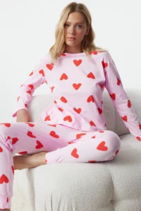 TRENDYOLMiLLA Women's Mini Me/Mother Girl Pink 100% Cotton Heart Knitted Pajama Set - Image 2