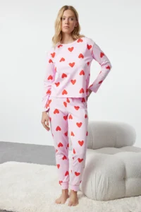 TRENDYOLMiLLA Women's Mini Me/Mother Girl Pink 100% Cotton Heart Knitted Pajama Set - Image 3