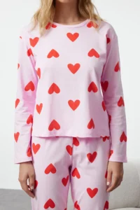 TRENDYOLMiLLA Women's Mini Me/Mother Girl Pink 100% Cotton Heart Knitted Pajama Set - Image 5