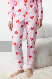 TRENDYOLMiLLA Women's Mini Me/Mother Girl Pink 100% Cotton Heart Knitted Pajama Set - Image 6