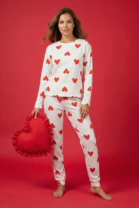 TRENDYOLMiLLA White 100% Cotton Heart Knitted Pajama Set