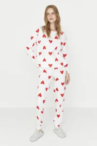 TRENDYOLMiLLA White 100% Cotton Heart Knitted Pajama Set - Image 3