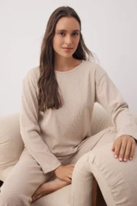 TRENDYOLMiLLA Beige Ribbed Knitting Pajama Set