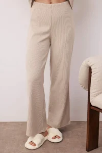 TRENDYOLMiLLA Beige Ribbed Knitting Pajama Set - Image 3