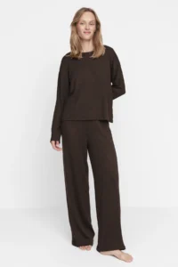 TRENDYOLMiLLA Brown Corded Knitted Pajama Set - Image 2