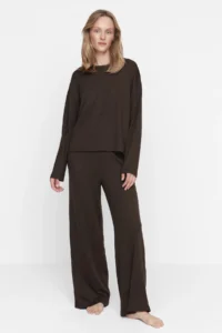 TRENDYOLMiLLA Brown Corded Knitted Pajama Set - Image 4