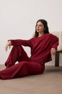 TRENDYOLMiLLA Burgundy Ribbed Knitting Pajama Set