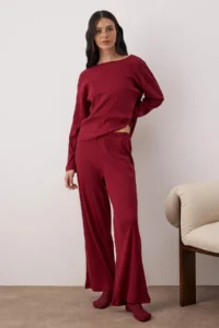 TRENDYOLMiLLA Burgundy Ribbed Knitting Pajama Set - Image 2