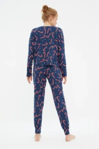 TRENDYOLMiLLA Navy Blue 100% Cotton Christmas Themed Knitted Pajama Set - Image 7