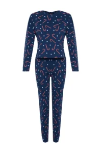 TRENDYOLMiLLA Navy Blue 100% Cotton Christmas Themed Knitted Pajama Set - Image 8