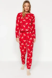TRENDYOLMiLLA Red 100% Cotton Christmas Themed Knitted Pajama Set