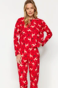TRENDYOLMiLLA Red 100% Cotton Christmas Themed Knitted Pajama Set - Image 2