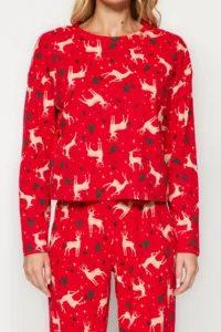 TRENDYOLMiLLA Red 100% Cotton Christmas Themed Knitted Pajama Set - Image 3