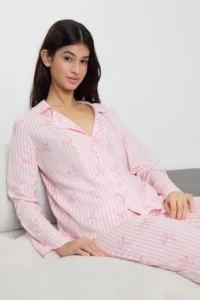 TRENDYOLMiLLA Light Pink Ribbon/Bow Viscose Woven Pajama Set