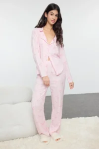TRENDYOLMiLLA Light Pink Ribbon/Bow Viscose Woven Pajama Set - Image 2