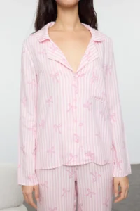 TRENDYOLMiLLA Light Pink Ribbon/Bow Viscose Woven Pajama Set - Image 3