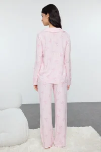 TRENDYOLMiLLA Light Pink Ribbon/Bow Viscose Woven Pajama Set - Image 5