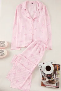 TRENDYOLMiLLA Light Pink Ribbon/Bow Viscose Woven Pajama Set - Image 6