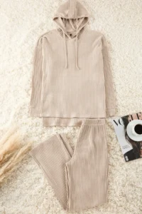 TRENDYOLMiLLA Dark Beige Hooded Corded Knitted Pajama Set - Image 2