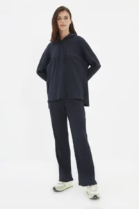 TRENDYOLMiLLA Navy Blue Hooded Corded Knitted Pajama Set - Image 2