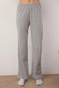 TRENDYOLMiLLA Gray 100% Cotton Printed Knitted Pajama Set with Piping and Pocket Detail - Image 3