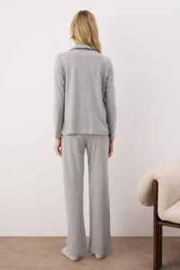 TRENDYOLMiLLA Gray 100% Cotton Printed Knitted Pajama Set with Piping and Pocket Detail - Image 4