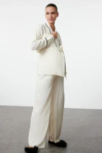 TRENDYOLMiLLA Beige Belted Piping Detailed Double Breasted Viscose Maternity Woven Pajama Set - Image 5