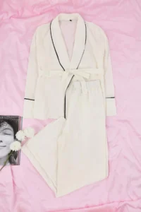 TRENDYOLMiLLA Beige Belted Piping Detailed Double Breasted Viscose Maternity Woven Pajama Set - Image 6