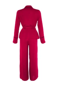 TRENDYOLMiLLA Burgundy Belted Piping Detailed Double Breasted Viscose Woven Pajama Set - Image 10