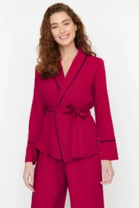 TRENDYOLMiLLA Burgundy Belted Piping Detailed Double Breasted Viscose Woven Pajama Set - Image 3