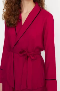 TRENDYOLMiLLA Burgundy Belted Piping Detailed Double Breasted Viscose Woven Pajama Set - Image 4