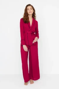 TRENDYOLMiLLA Burgundy Belted Piping Detailed Double Breasted Viscose Woven Pajama Set - Image 5