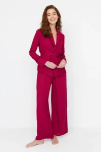 TRENDYOLMiLLA Burgundy Belted Piping Detailed Double Breasted Viscose Woven Pajama Set - Image 6